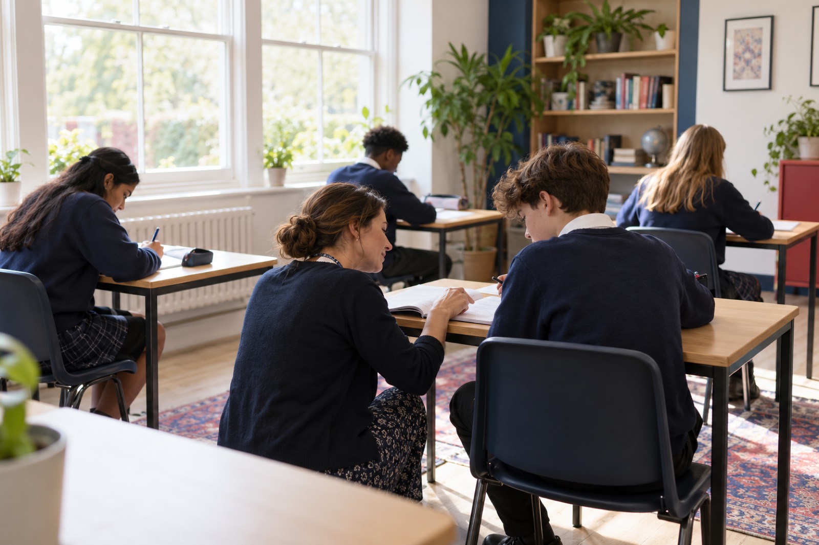A teacher supporting a pupil in a small, calm classroom